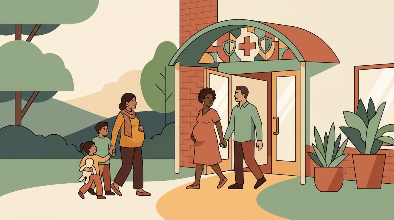Modern flat editorial illustration of diverse expectant families entering a protected medical sanctuary clinic under a warm architectural canopy
