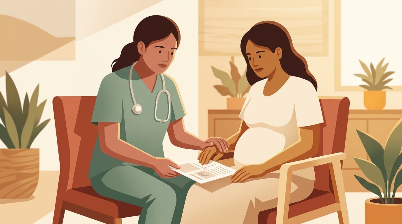 Modern flat editorial illustration of a Certified Nurse-Midwife and expectant mother reviewing prenatal immunization plans in a warm Arizona clinical suite