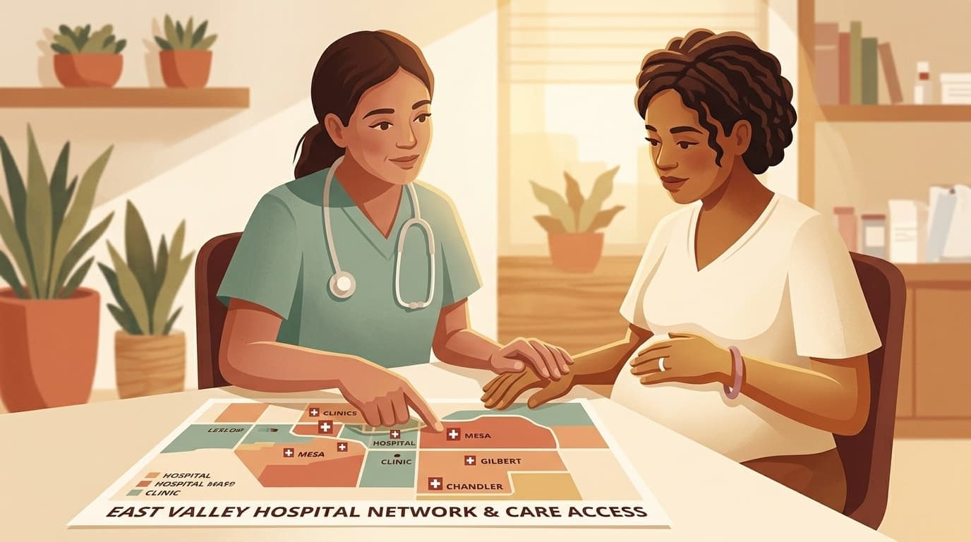 Certified Nurse-Midwife and expecting parent reviewing an East Valley hospital network map