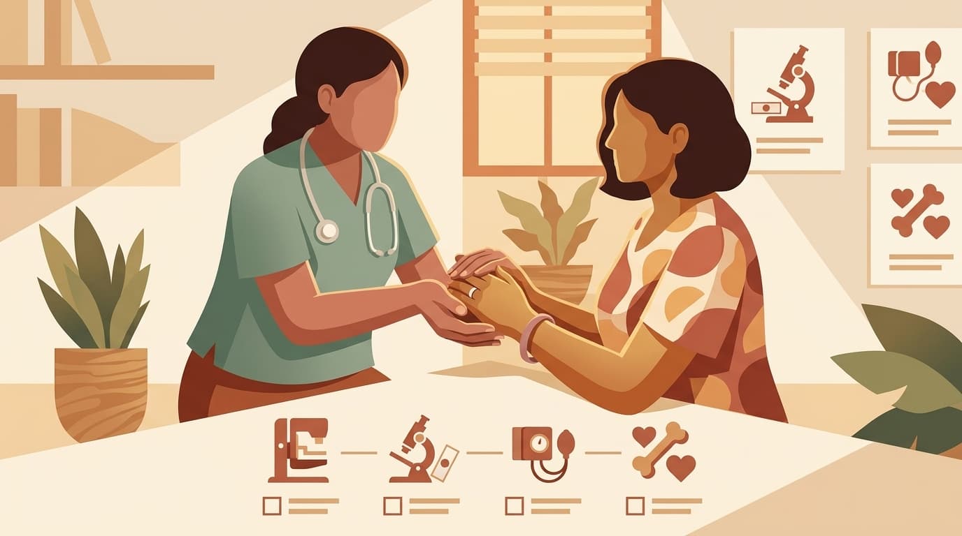 Certified Nurse-Midwife holding a supportive preventive health consultation with a midlife patient