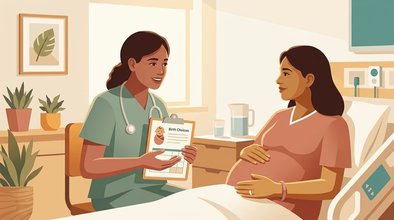 Modern flat editorial illustration of a Certified Nurse-Midwife and pregnant patient discussing birth choices and labor pain management in a warm hospital maternity suite
