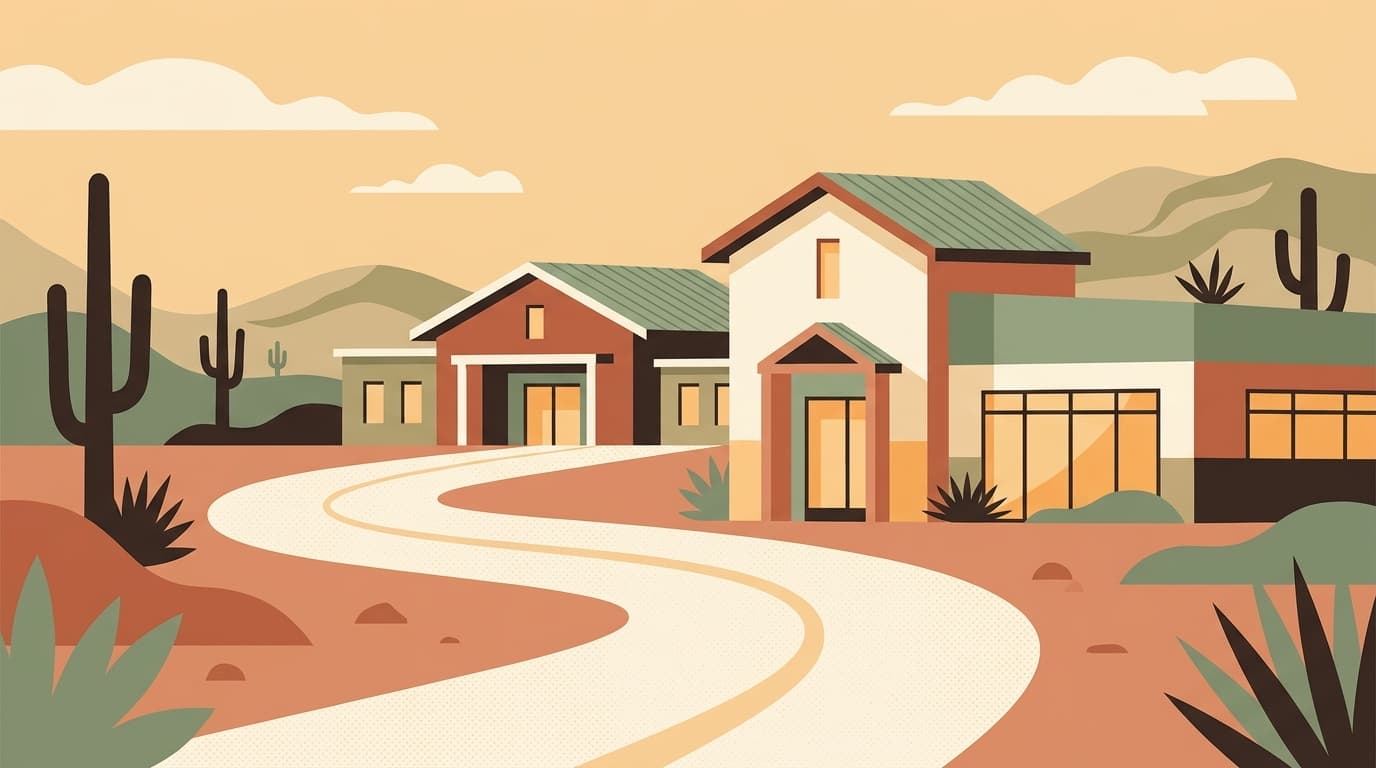 Modern flat editorial illustration of a southwestern desert highway leading to a welcoming regional maternity center under a warm sky
