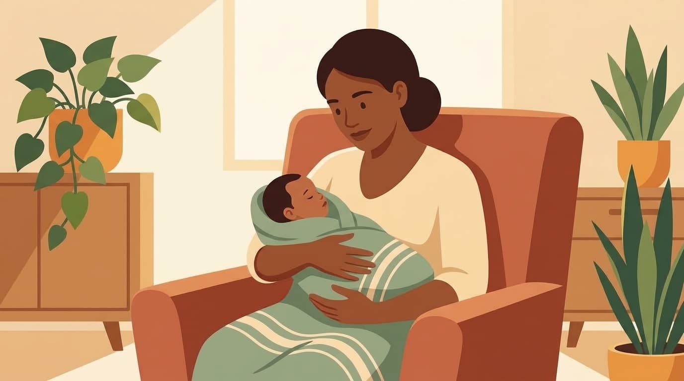 Postpartum mother holding newborn infant peacefully in a sunlit nursery