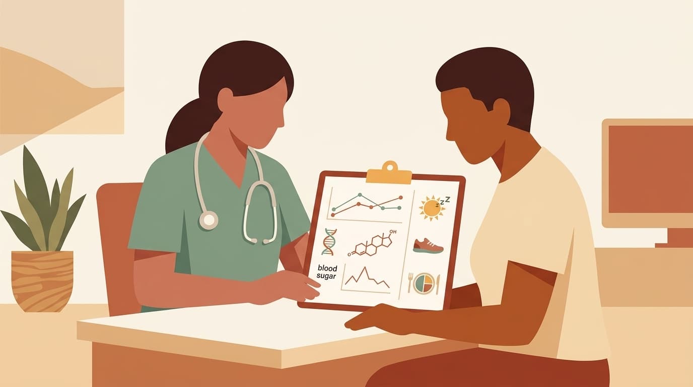 Certified Nurse-Midwife reviewing comprehensive metabolic and endocrine laboratory charts with patient