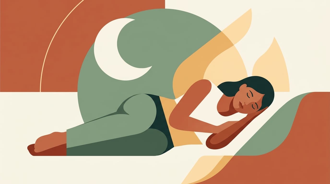 Modern flat editorial illustration of a tranquil sleeping mother under a gentle crescent moon and warm calming shapes