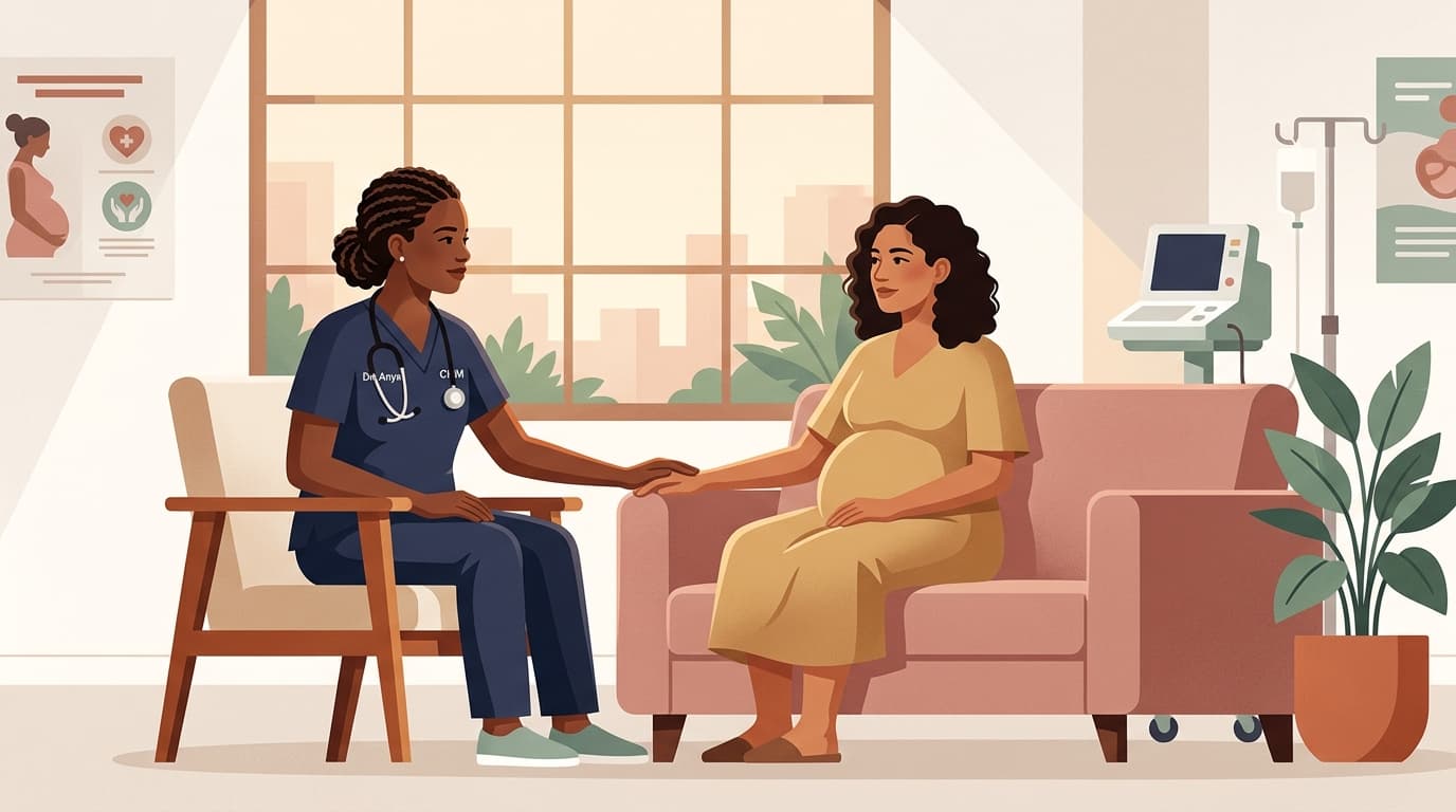 Certified Nurse-Midwife and patient in modern hospital birth suite
